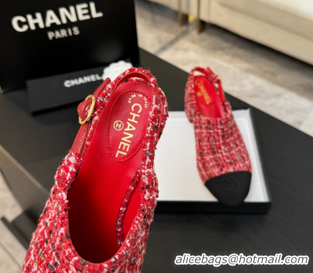 Best Price Chanel Cotton Tweed & Grosgrain Slingbacks Pump 6.5cm Red2 G46865 1103046