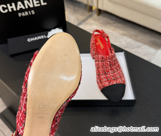 Best Price Chanel Cotton Tweed & Grosgrain Slingbacks Pump 6.5cm Red2 G46865 1103046