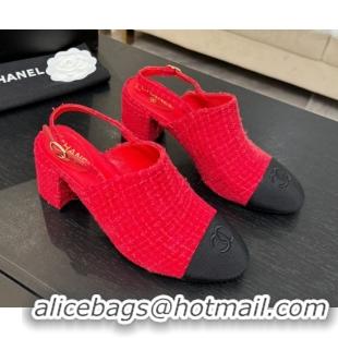 Charming Chanel Cotton Tweed & Grosgrain Slingbacks Pump 6.5cm Red/Black G46865 1103048