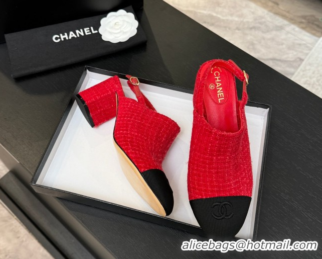 Charming Chanel Cotton Tweed & Grosgrain Slingbacks Pump 6.5cm Red/Black G46865 1103048