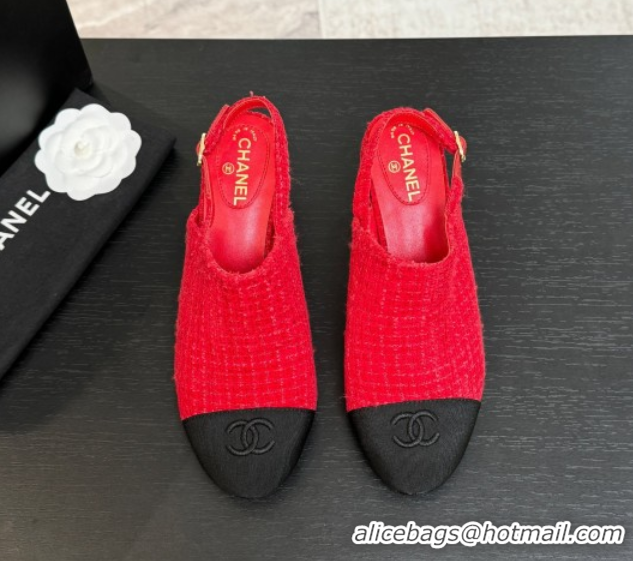 Charming Chanel Cotton Tweed & Grosgrain Slingbacks Pump 6.5cm Red/Black G46865 1103048