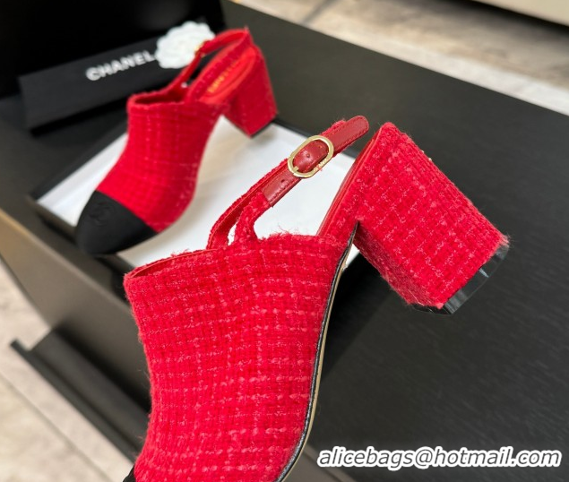 Charming Chanel Cotton Tweed & Grosgrain Slingbacks Pump 6.5cm Red/Black G46865 1103048