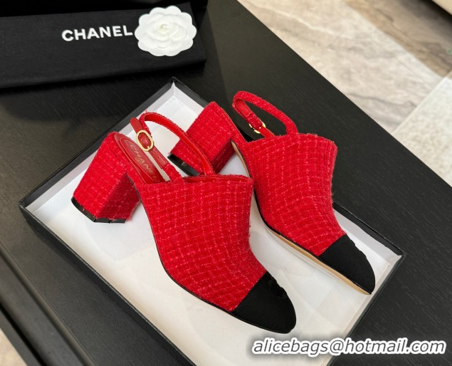 Charming Chanel Cotton Tweed & Grosgrain Slingbacks Pump 6.5cm Red/Black G46865 1103048