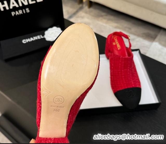 Charming Chanel Cotton Tweed & Grosgrain Slingbacks Pump 6.5cm Red/Black G46865 1103048