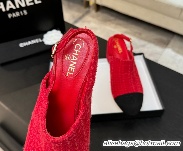 Charming Chanel Cotton Tweed & Grosgrain Slingbacks Pump 6.5cm Red/Black G46865 1103048