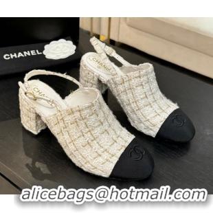 Modern Chanel Cotton Tweed & Grosgrain Slingbacks Pump 6.5cm White 2025 G46865 1103049