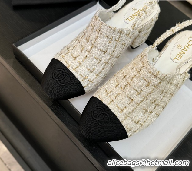 Modern Chanel Cotton Tweed & Grosgrain Slingbacks Pump 6.5cm White 2025 G46865 1103049