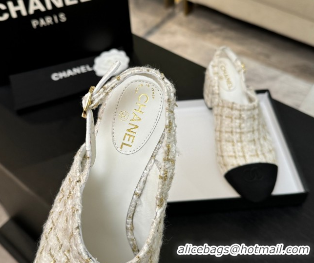 Modern Chanel Cotton Tweed & Grosgrain Slingbacks Pump 6.5cm White 2025 G46865 1103049