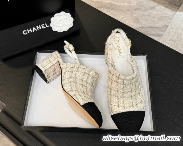 Modern Chanel Cotton Tweed & Grosgrain Slingbacks Pump 6.5cm White 2025 G46865 1103049
