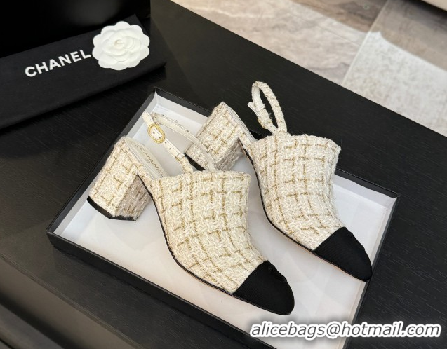 Modern Chanel Cotton Tweed & Grosgrain Slingbacks Pump 6.5cm White 2025 G46865 1103049