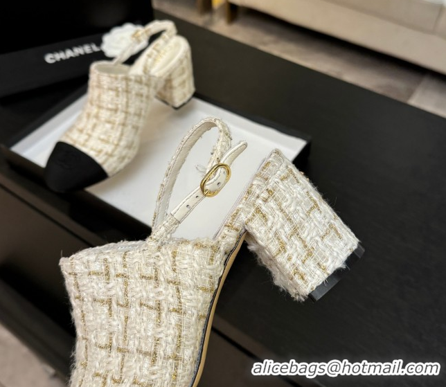 Modern Chanel Cotton Tweed & Grosgrain Slingbacks Pump 6.5cm White 2025 G46865 1103049