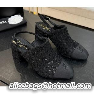 Good Quality Chanel Cotton Tweed & Grosgrain Slingbacks Pump 6.5cm Black/Glitter 2025 G46865 1103050