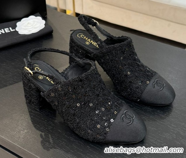 Good Quality Chanel Cotton Tweed & Grosgrain Slingbacks Pump 6.5cm Black/Glitter 2025 G46865 1103050