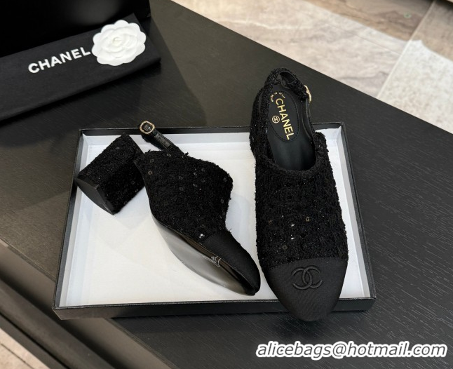 Good Quality Chanel Cotton Tweed & Grosgrain Slingbacks Pump 6.5cm Black/Glitter 2025 G46865 1103050