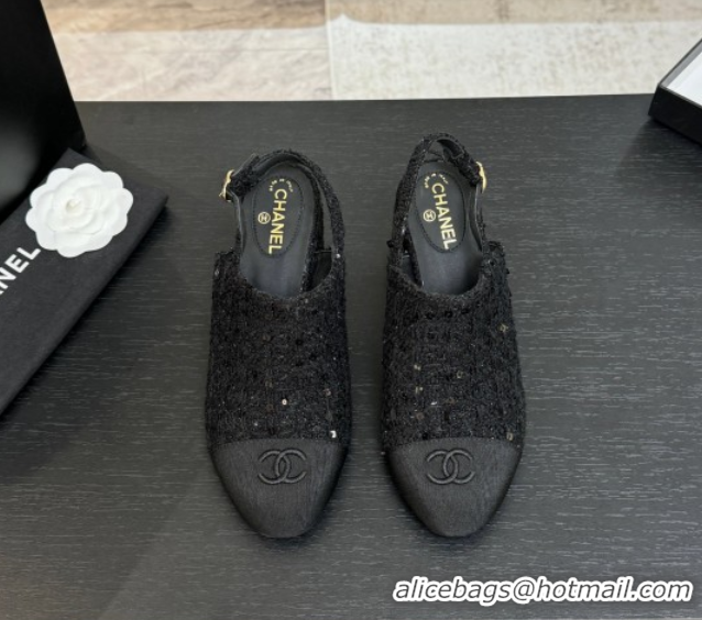 Good Quality Chanel Cotton Tweed & Grosgrain Slingbacks Pump 6.5cm Black/Glitter 2025 G46865 1103050