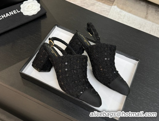 Good Quality Chanel Cotton Tweed & Grosgrain Slingbacks Pump 6.5cm Black/Glitter 2025 G46865 1103050