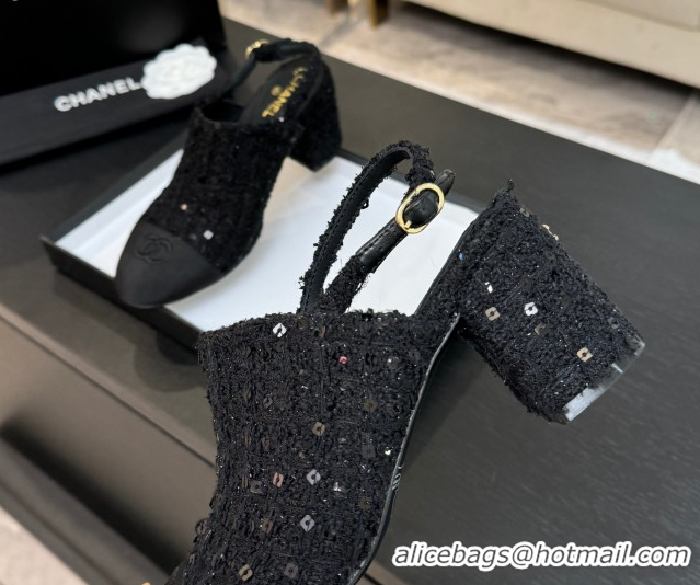 Good Quality Chanel Cotton Tweed & Grosgrain Slingbacks Pump 6.5cm Black/Glitter 2025 G46865 1103050