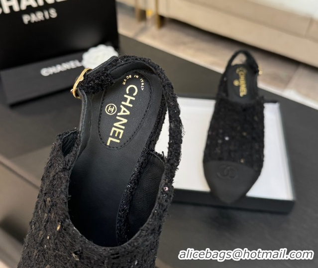 Good Quality Chanel Cotton Tweed & Grosgrain Slingbacks Pump 6.5cm Black/Glitter 2025 G46865 1103050
