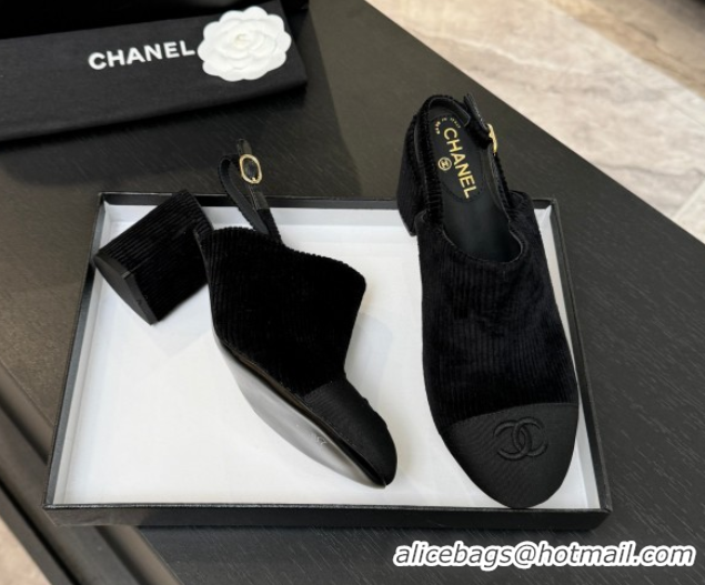 Luxury Chanel Corduroy & Grosgrain Slingbacks Pump 6.5cm Black 2025 G46865 1103052