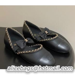 Grade Quality Chanel Lambskin Mary Janes Ballets Flat with Bow and Chain Black 2025 G46701 1103053