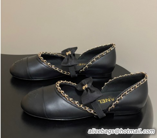 Grade Quality Chanel Lambskin Mary Janes Ballets Flat with Bow and Chain Black 2025 G46701 1103053