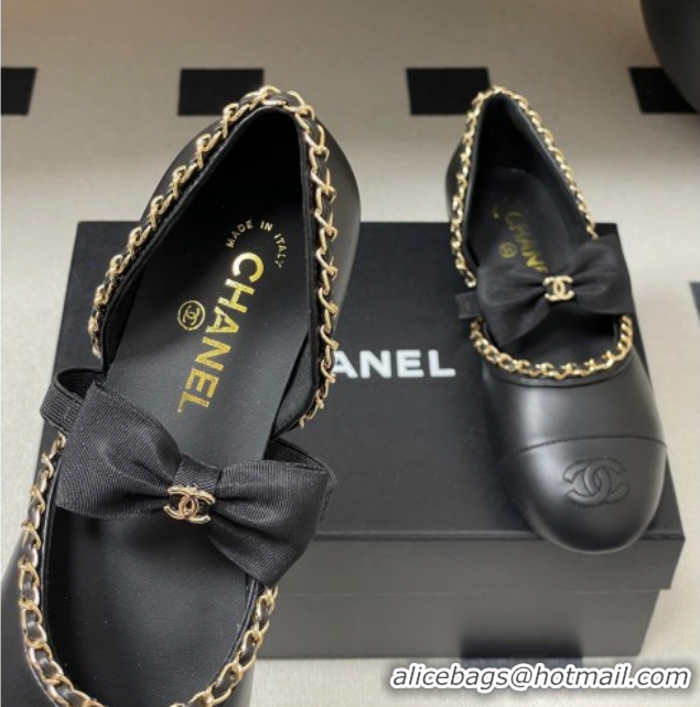 Grade Quality Chanel Lambskin Mary Janes Ballets Flat with Bow and Chain Black 2025 G46701 1103053