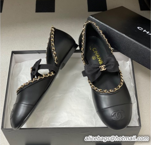 Grade Quality Chanel Lambskin Mary Janes Ballets Flat with Bow and Chain Black 2025 G46701 1103053