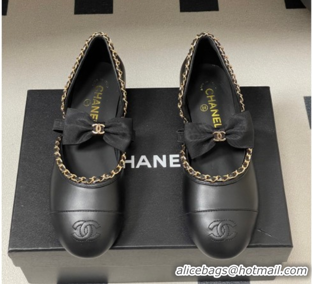 Grade Quality Chanel Lambskin Mary Janes Ballets Flat with Bow and Chain Black 2025 G46701 1103053