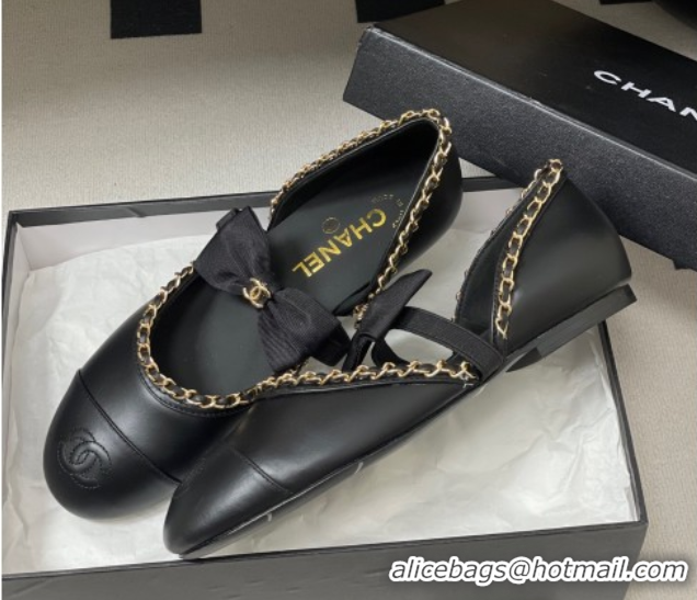 Grade Quality Chanel Lambskin Mary Janes Ballets Flat with Bow and Chain Black 2025 G46701 1103053