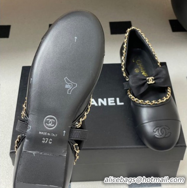 Grade Quality Chanel Lambskin Mary Janes Ballets Flat with Bow and Chain Black 2025 G46701 1103053