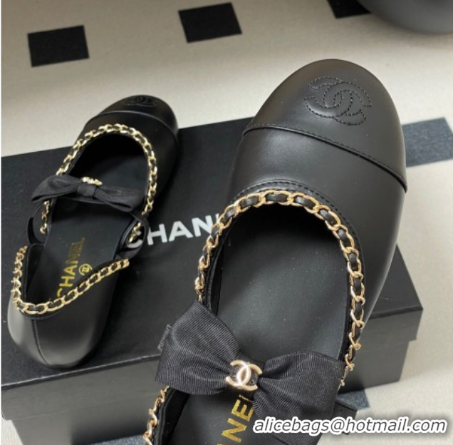 Grade Quality Chanel Lambskin Mary Janes Ballets Flat with Bow and Chain Black 2025 G46701 1103053