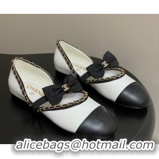Top Grade Chanel Lambskin Mary Janes Ballets Flat with Bow and Chain White 2025 G46701 1103054