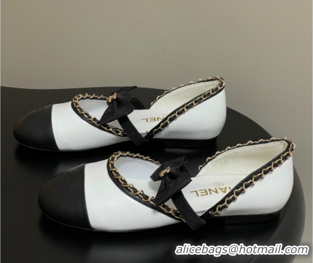 Top Grade Chanel Lambskin Mary Janes Ballets Flat with Bow and Chain White 2025 G46701 1103054