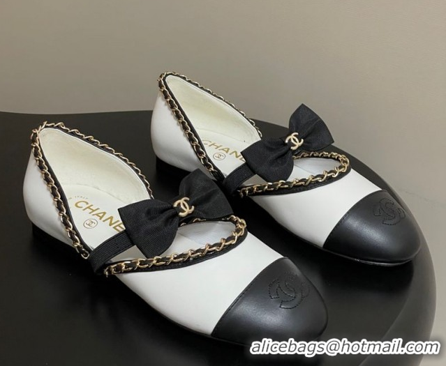 Top Grade Chanel Lambskin Mary Janes Ballets Flat with Bow and Chain White 2025 G46701 1103054