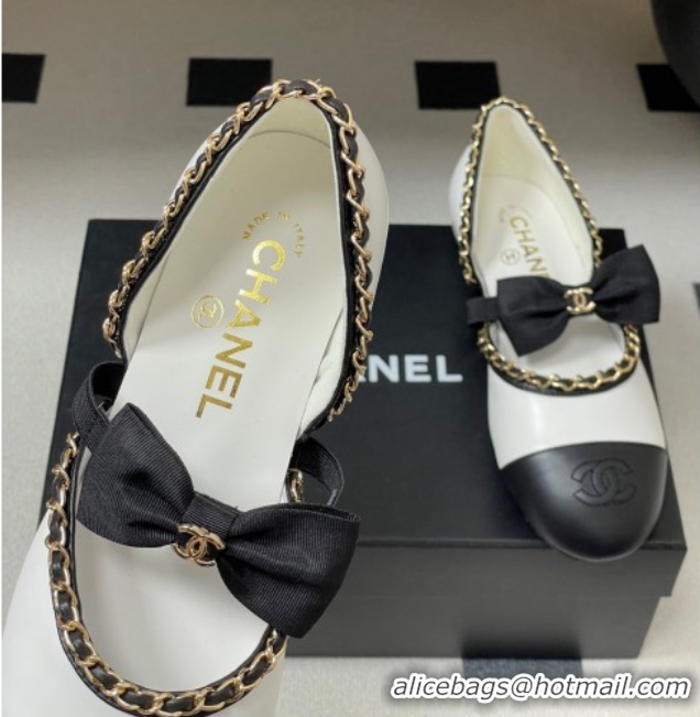 Top Grade Chanel Lambskin Mary Janes Ballets Flat with Bow and Chain White 2025 G46701 1103054