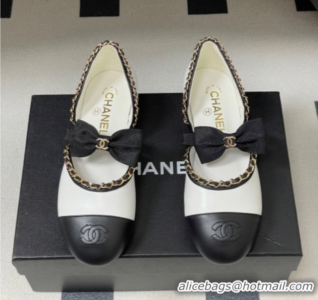 Top Grade Chanel Lambskin Mary Janes Ballets Flat with Bow and Chain White 2025 G46701 1103054