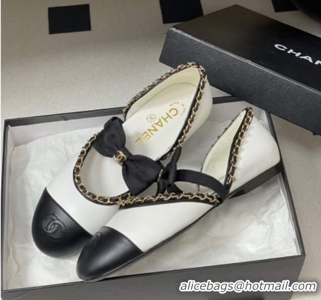 Top Grade Chanel Lambskin Mary Janes Ballets Flat with Bow and Chain White 2025 G46701 1103054