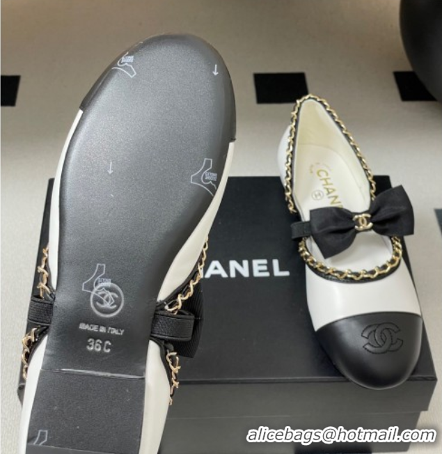Top Grade Chanel Lambskin Mary Janes Ballets Flat with Bow and Chain White 2025 G46701 1103054