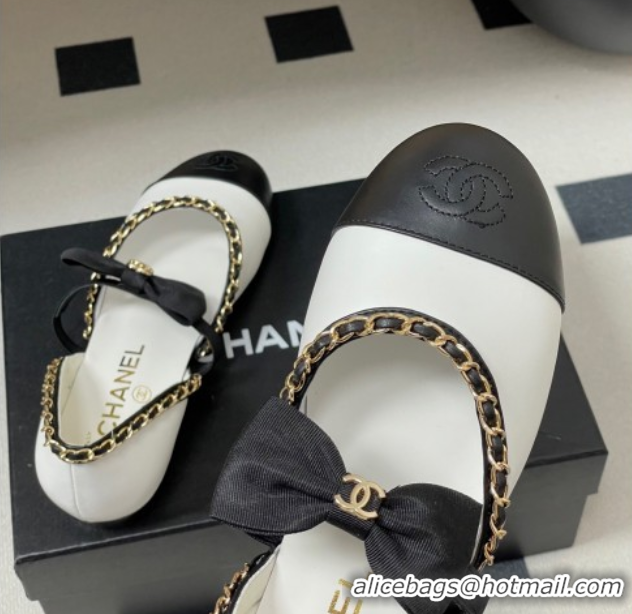 Top Grade Chanel Lambskin Mary Janes Ballets Flat with Bow and Chain White 2025 G46701 1103054