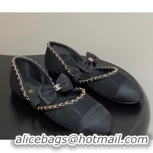Pretty Style Chanel Mesh & Grosgrain Mary Janes Ballets Flat with Bow and Chain Black 2025 G46701 1103055