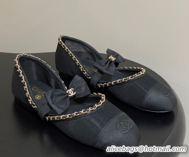Pretty Style Chanel Mesh & Grosgrain Mary Janes Ballets Flat with Bow and Chain Black 2025 G46701 1103055
