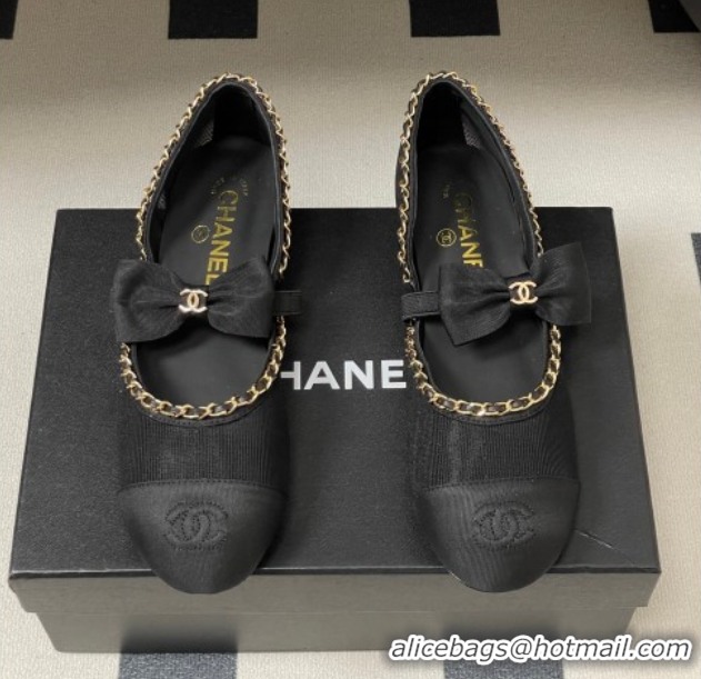 Pretty Style Chanel Mesh & Grosgrain Mary Janes Ballets Flat with Bow and Chain Black 2025 G46701 1103055