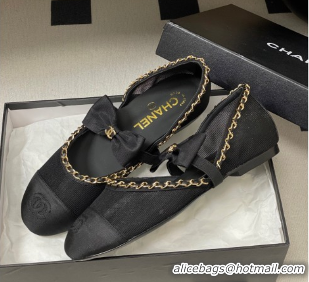 Pretty Style Chanel Mesh & Grosgrain Mary Janes Ballets Flat with Bow and Chain Black 2025 G46701 1103055