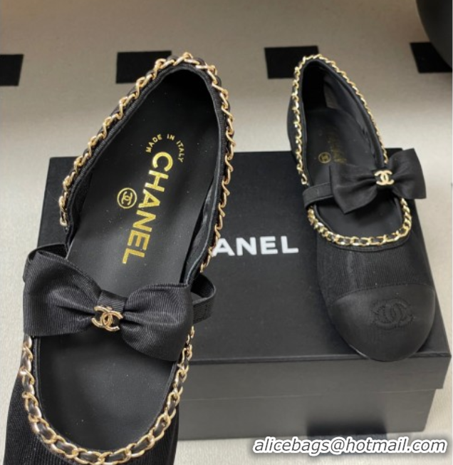 Pretty Style Chanel Mesh & Grosgrain Mary Janes Ballets Flat with Bow and Chain Black 2025 G46701 1103055