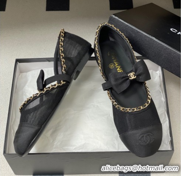 Pretty Style Chanel Mesh & Grosgrain Mary Janes Ballets Flat with Bow and Chain Black 2025 G46701 1103055