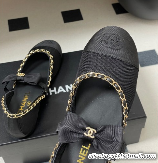 Pretty Style Chanel Mesh & Grosgrain Mary Janes Ballets Flat with Bow and Chain Black 2025 G46701 1103055