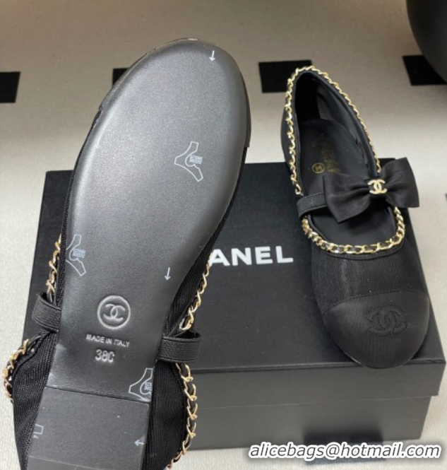 Pretty Style Chanel Mesh & Grosgrain Mary Janes Ballets Flat with Bow and Chain Black 2025 G46701 1103055