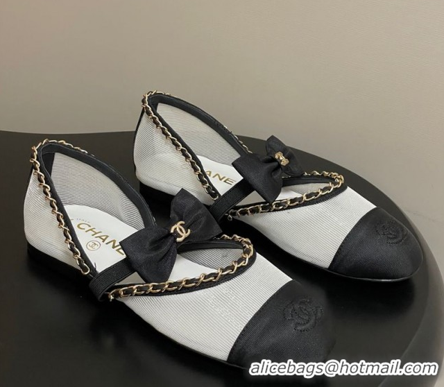 Durable Chanel Mesh & Grosgrain Mary Janes Ballets Flat with Bow and Chain White 2025 G46701 1103056