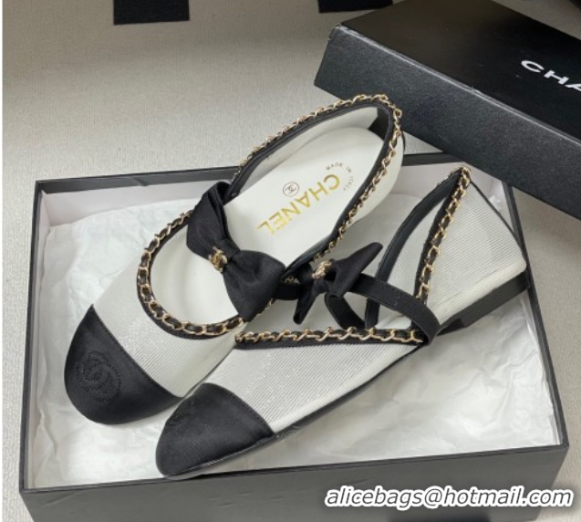 Durable Chanel Mesh & Grosgrain Mary Janes Ballets Flat with Bow and Chain White 2025 G46701 1103056