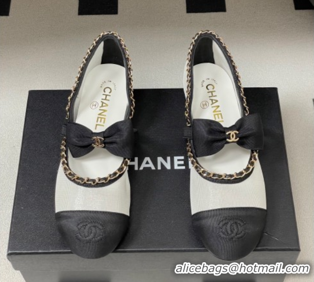 Durable Chanel Mesh & Grosgrain Mary Janes Ballets Flat with Bow and Chain White 2025 G46701 1103056